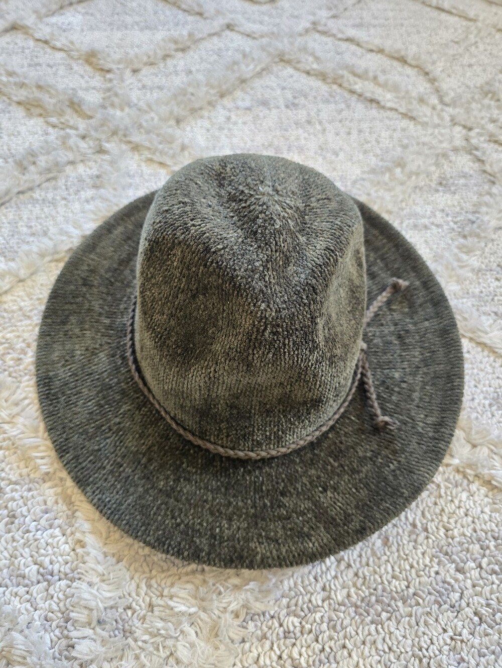 Anthropologie Olive Green Textured Hat Chenille Sun Braided Cord Festival Boho